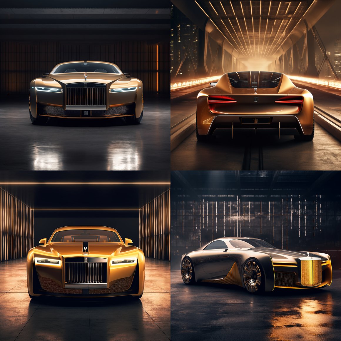 Mid-Journey Glance at 2024 Rolls-Royce Spectre Electric 2090's Golden competition design schematics