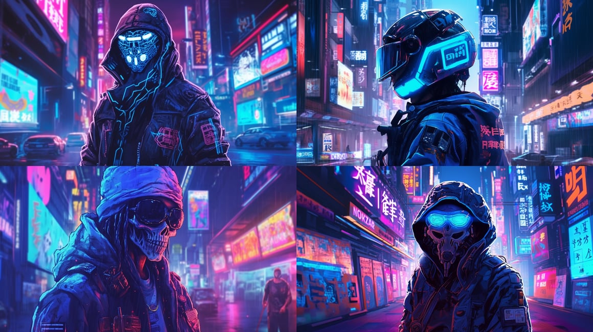 Neon Nightfall: Mysterious Samurai in Cyberpunk Neo-Tokyo