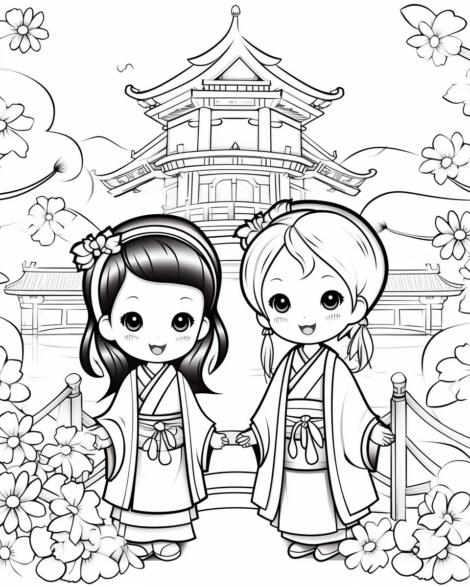 Happy Torii & Cherry Blossoms Coloring Page Mid-Journey Prompt