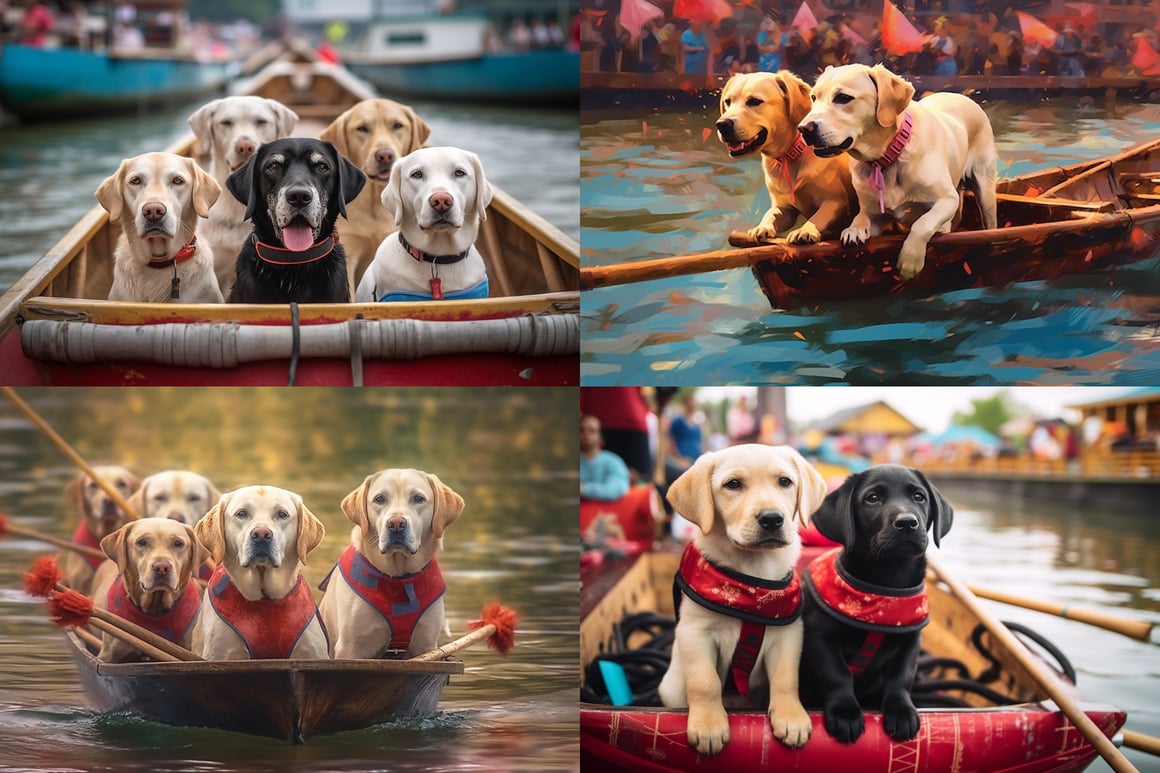 A Stylish Fusion of Labrador Retriever Dogs at Chinese Dragon Boat Race in High-Resolution Elegance