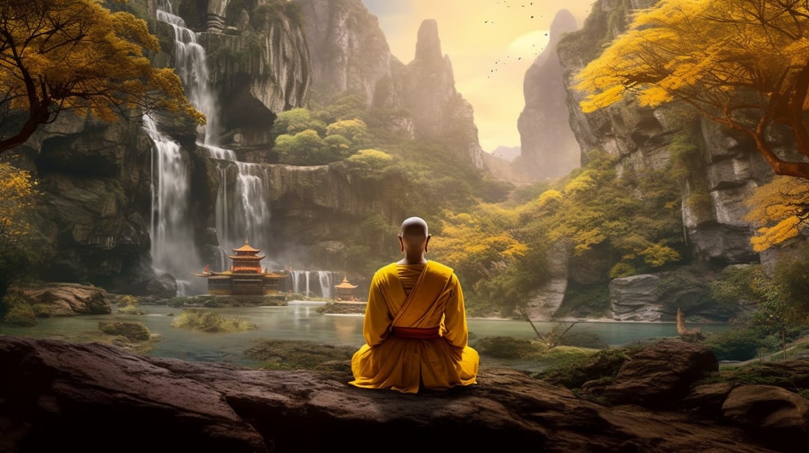 A Tibetan Monk's Journey Through Serene Landscapes