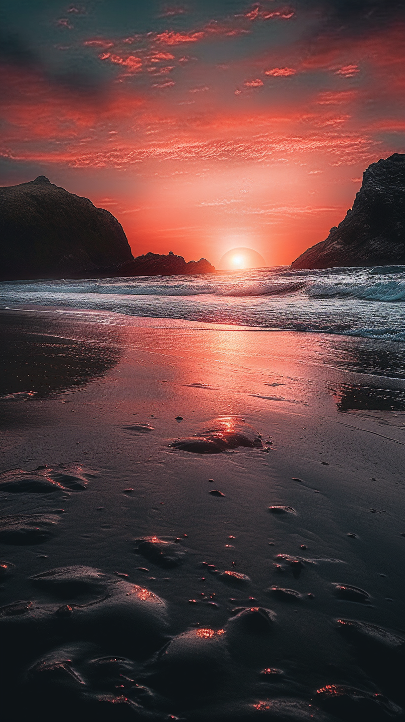 Cinematic Exploration of Hyper-Realistic Black Sand Beach Sunrise