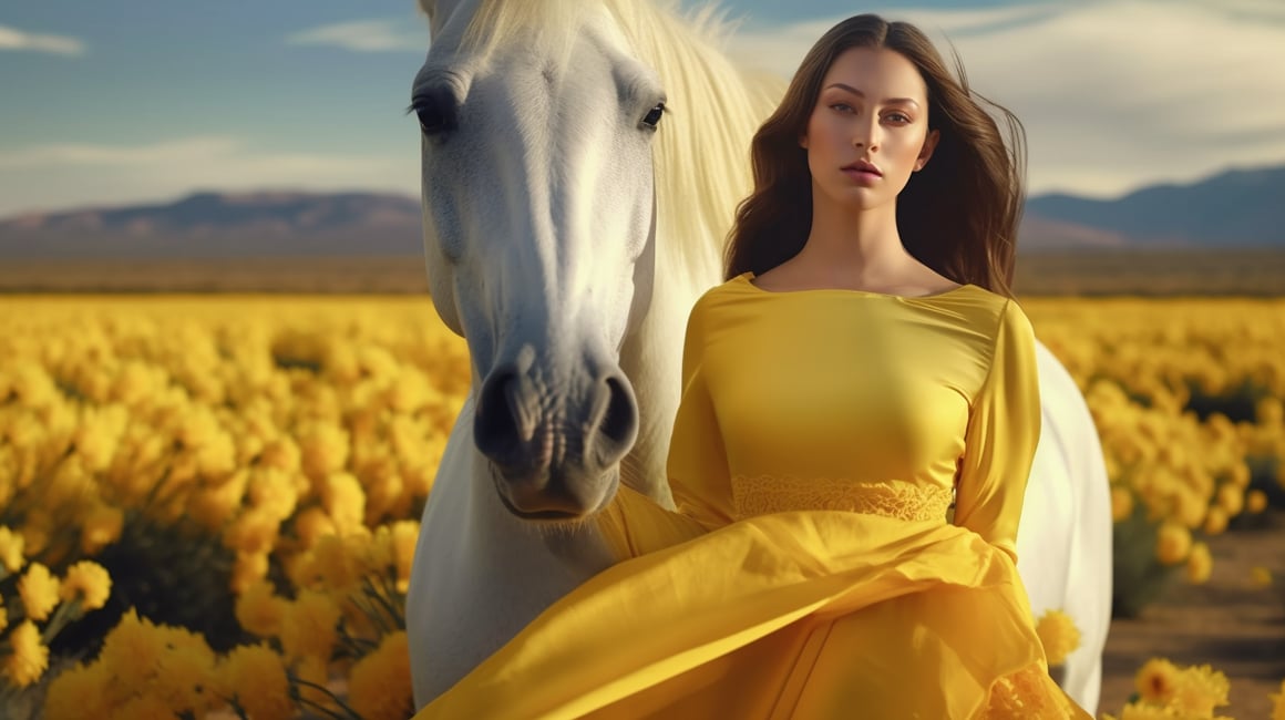 Retrato Cinemático de Mujer Pelirroja en Valle de Tulipanes al Atardecer