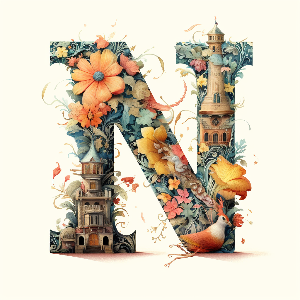 Artful Floral Typography of Capital Letter 'N'