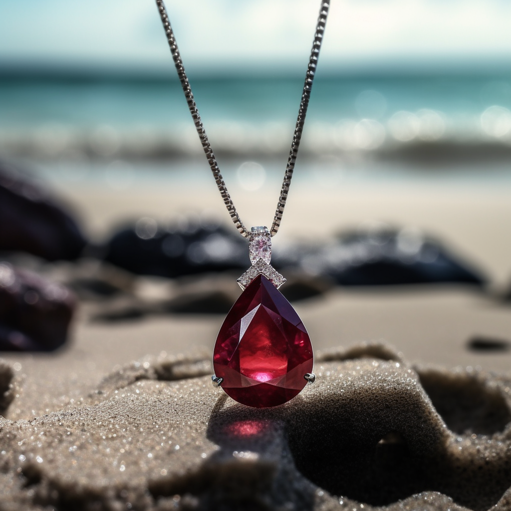 Aromatic Ruby Necklace against a Sunset Beach Backdrop