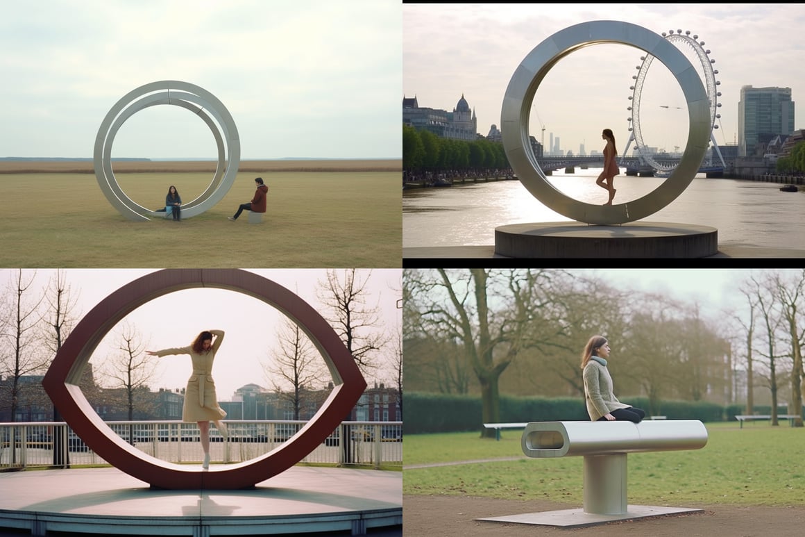 A Surreal Journey Through 2040's UK in the Style of Jeppe Hein and Lena Pogrebnaya