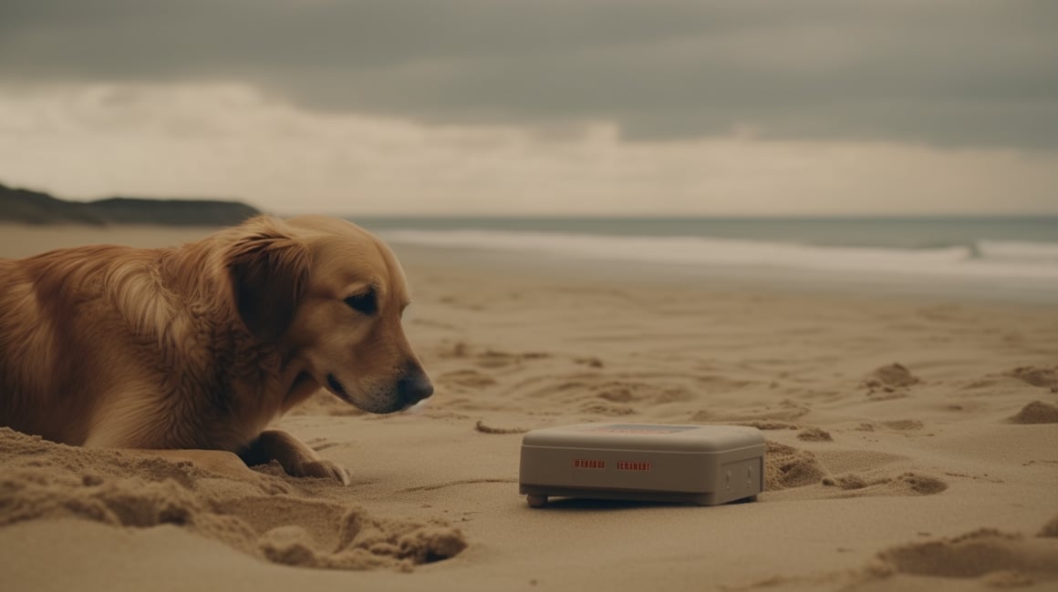 Summer's Virtual Companion - Beachside Golden Retriever Amidst Wi-Fi Signals