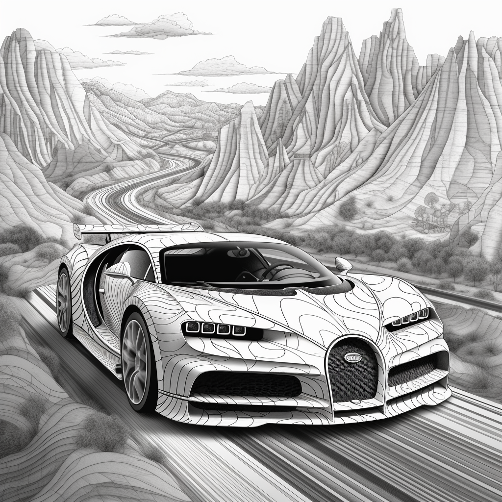 Detailed Bugatti Chiron Profilée Coloring Image Creation with Racing Track and American City Scape Backdrop