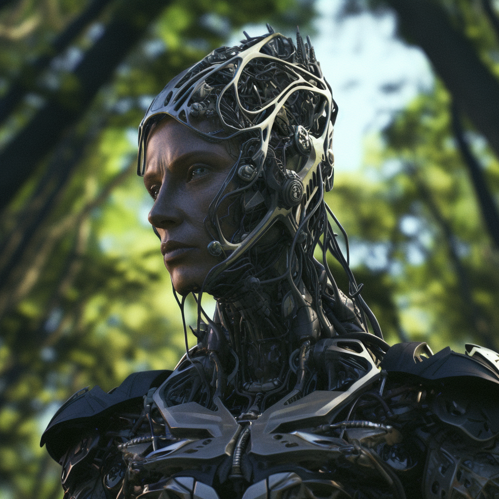 Sun-Dappled Transformation: A Cyborg's Birth in the Forest