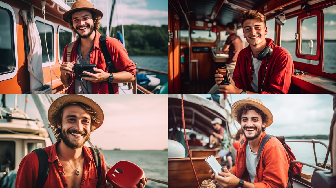 Summer Connectivity: Young Man with WiFi Router on a Boat