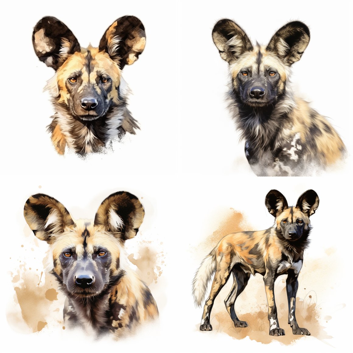 Detailed Illustration of an African Wild Dog on a Pale Canvas