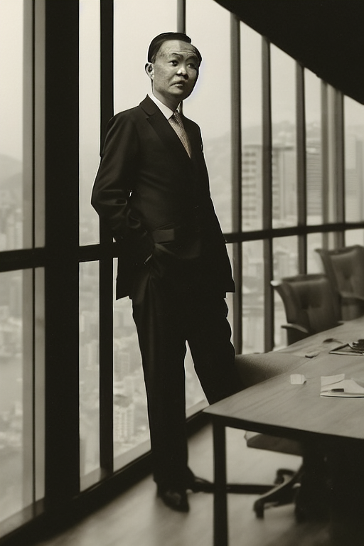 Aristocratic Singaporean Businessman Overlooks Kowloon Bay Amidst Burlap Sacks of Peanuts in Modern High-Rise Office Boardroom
