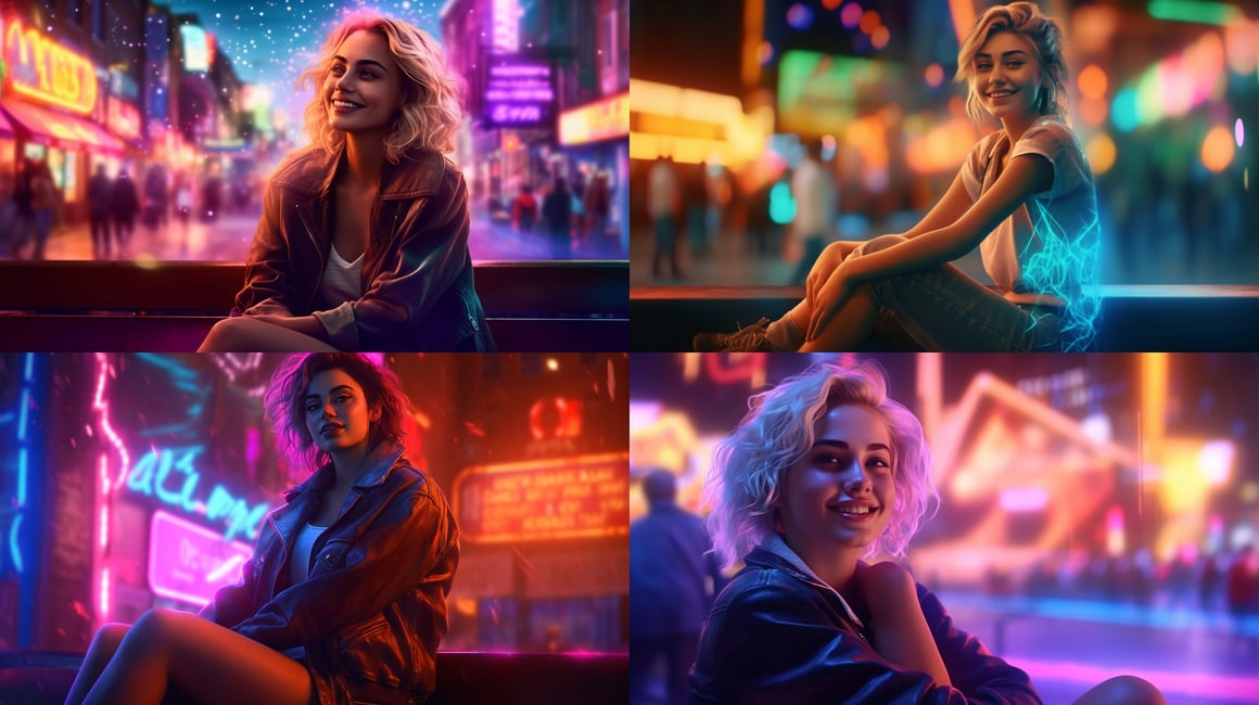 Neon Nightlife: Woman's Mid-Journey Pause in 8K HD