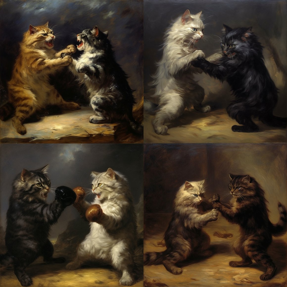Midnight Feline Duel in Géricault's Style