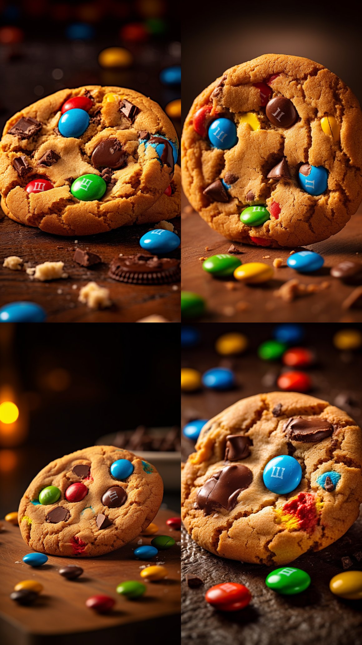 Chocolate M&M Chips Cookie in Soft Ambiance Captured with Fujifilm X-Pro3, Realistic and Vibrant 9:16 Image