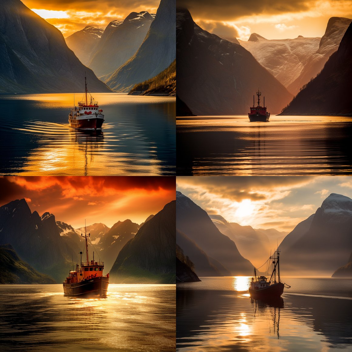 A Sunset Ensemble of Norwegian Fjords and Majestic Mountains