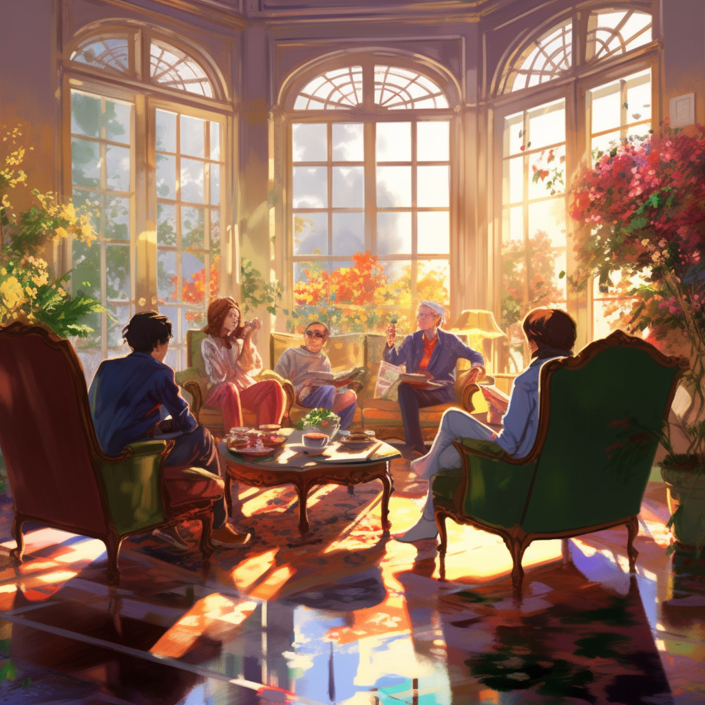 Midday Tea Party in a Sunlit Blossomed Room