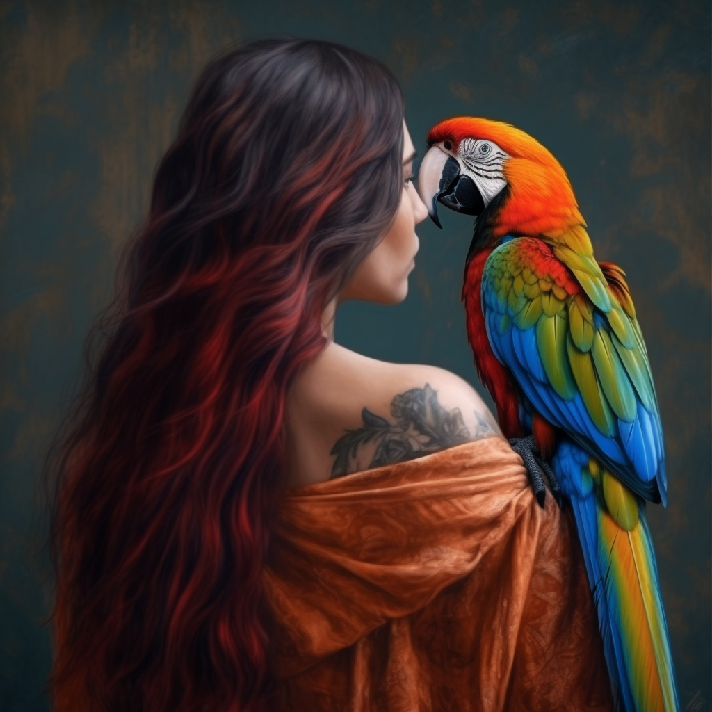 Harmonious Encounter: Woman and Macaw in Hyperrealistic 4K