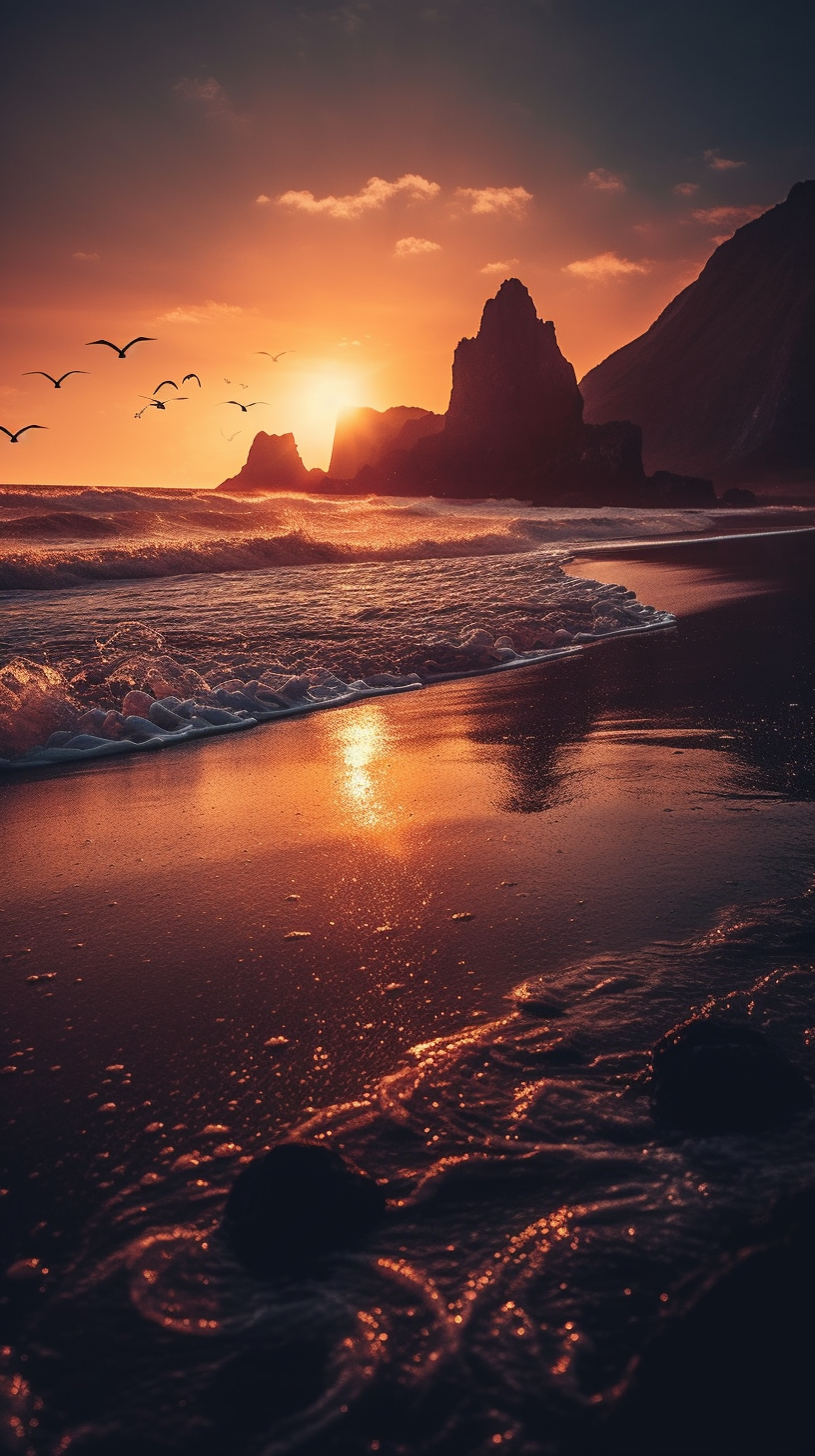 Cinematic Exploration of Hyper-Realistic Black Sand Beach Sunrise