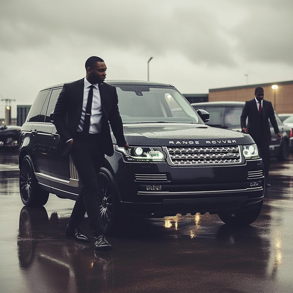 Successful Man with Luxury Vehicle in Rain
