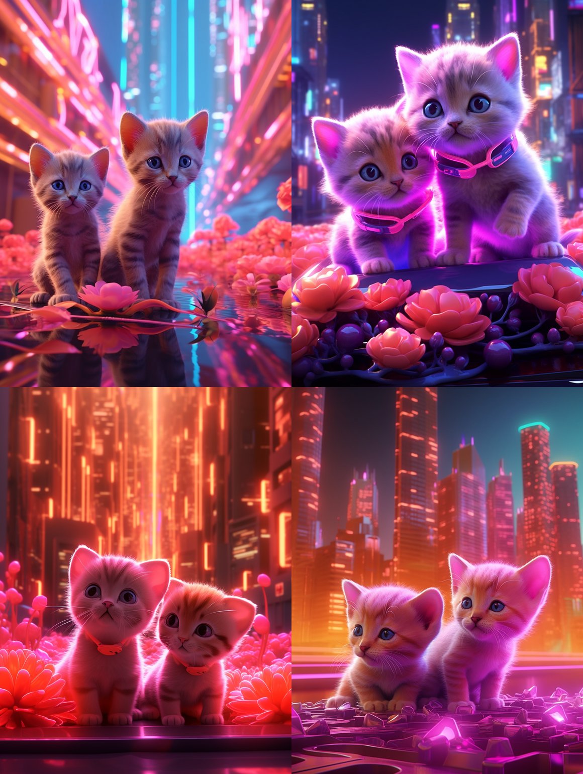 Neon Kittens Adventure in a Futuristic City Scene - 3D Render V5