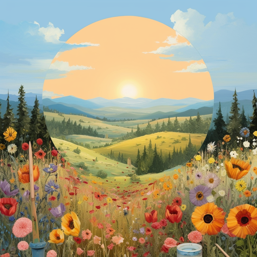 Sun-Drenched Floral Meadow with a Pine Tree Backdrop