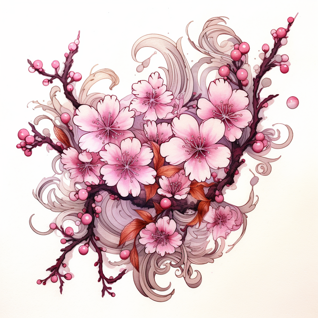 Baroque Sakura Blossom Tattoo Design in Watercolor Outline