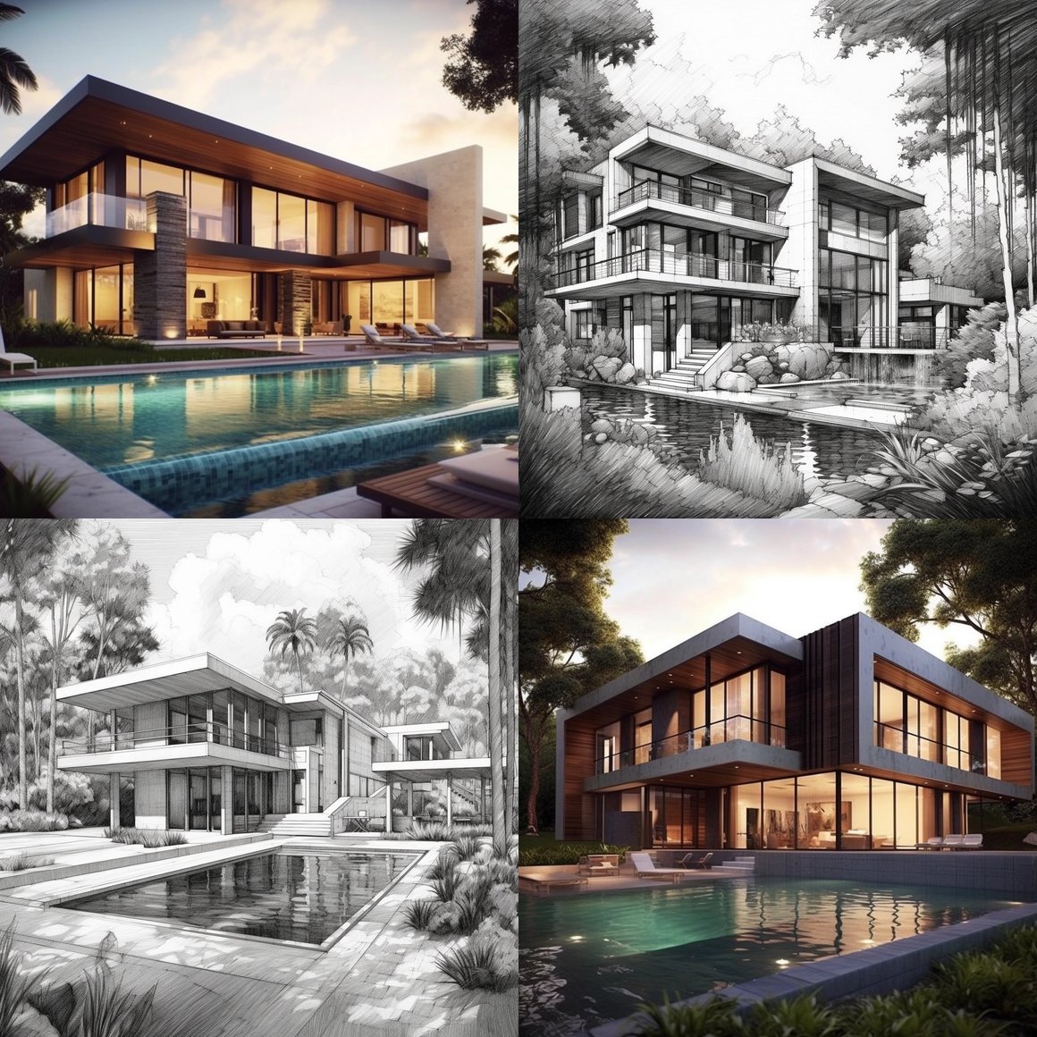 Artistic Blueprint of a Minimalist 2-Story House with Pool and Garden Detailing