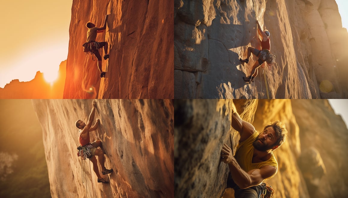 Summit Aspirations: A Climber's Effort in Golden Glow