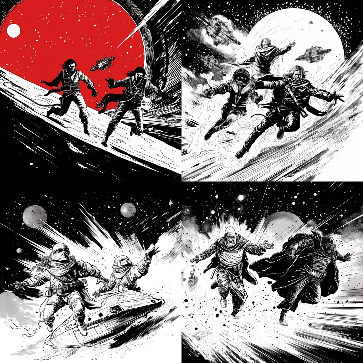 Clash of Fates: Intergalactic Showdown in Monochrome