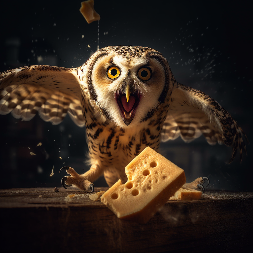 Midnight Feast: A Majestic Owl's Swiss Cheese Encounter
