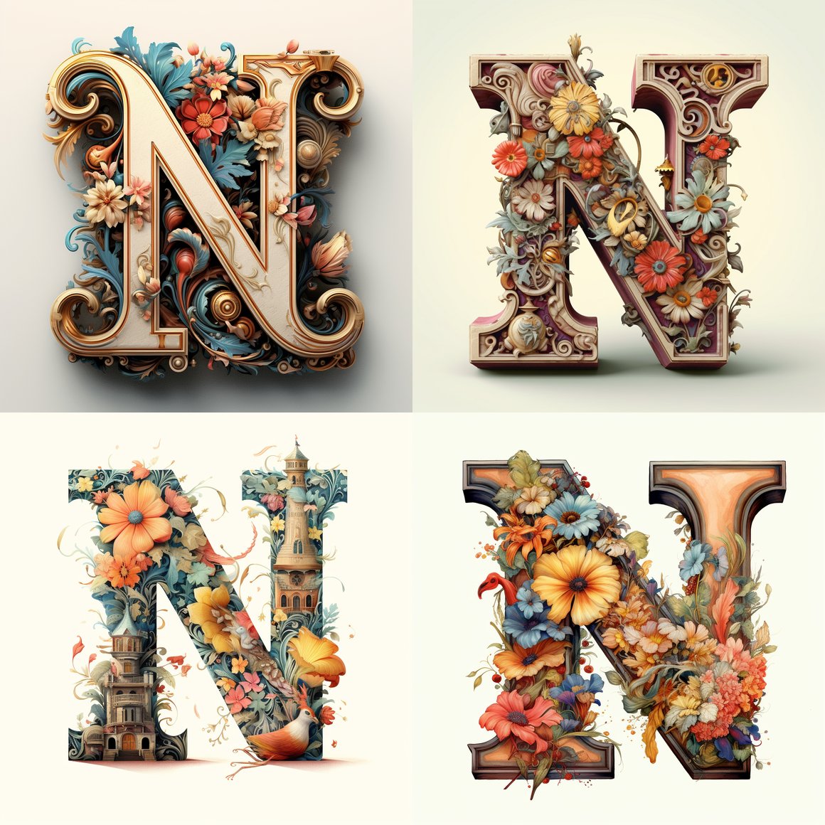 Artful Floral Typography of Capital Letter 'N'