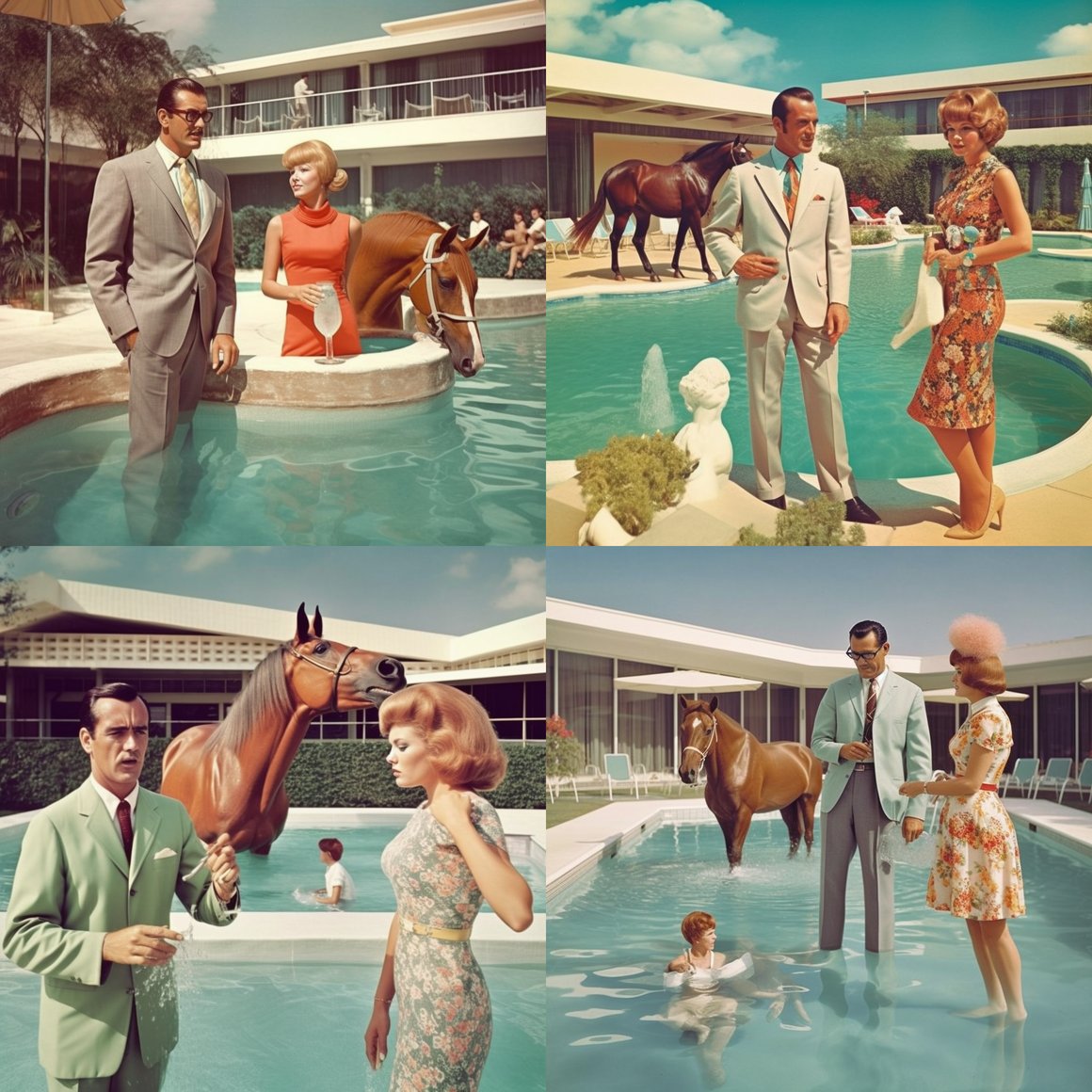 Retro Poolside Equines: A Surreal Voyage