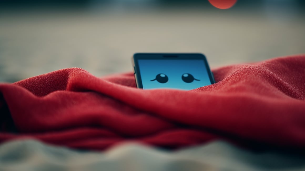 Summer Beach Vibes: Smiling Smartphone on a Red Blanket