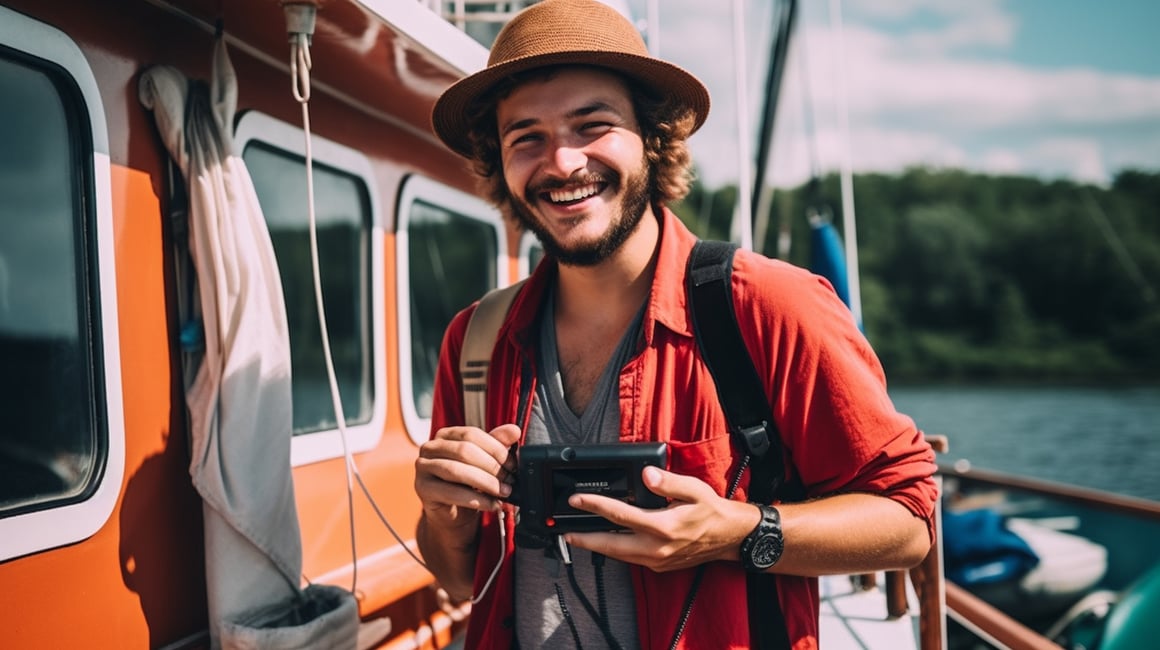 Summer Connectivity: Young Man with WiFi Router on a Boat