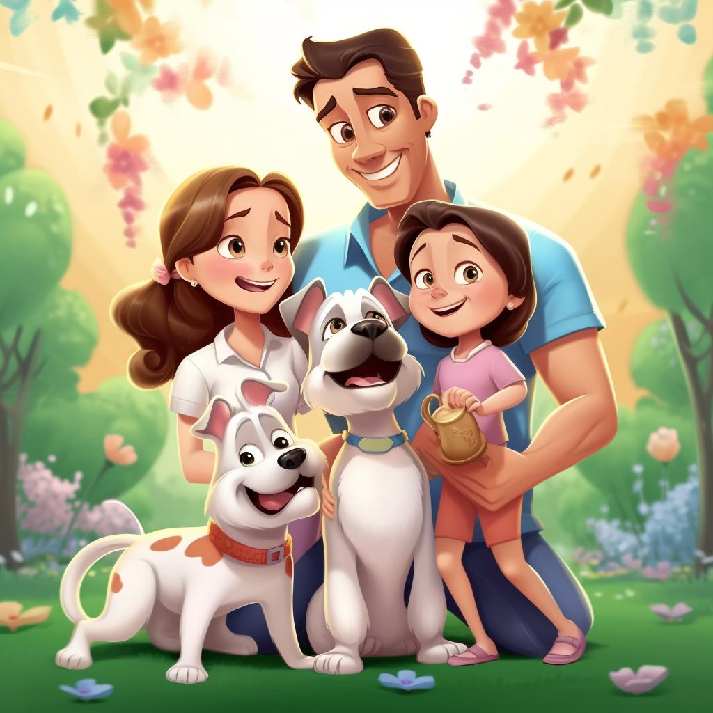 Disney-style 3D Family Portrait in a Flower Laden Macaroon Store Scene