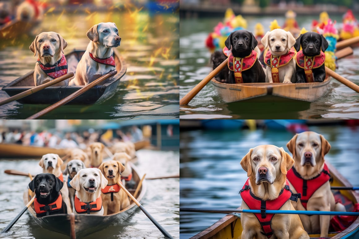 A Stylish Fusion of Labrador Retriever Dogs at Chinese Dragon Boat Race in High-Resolution Elegance
