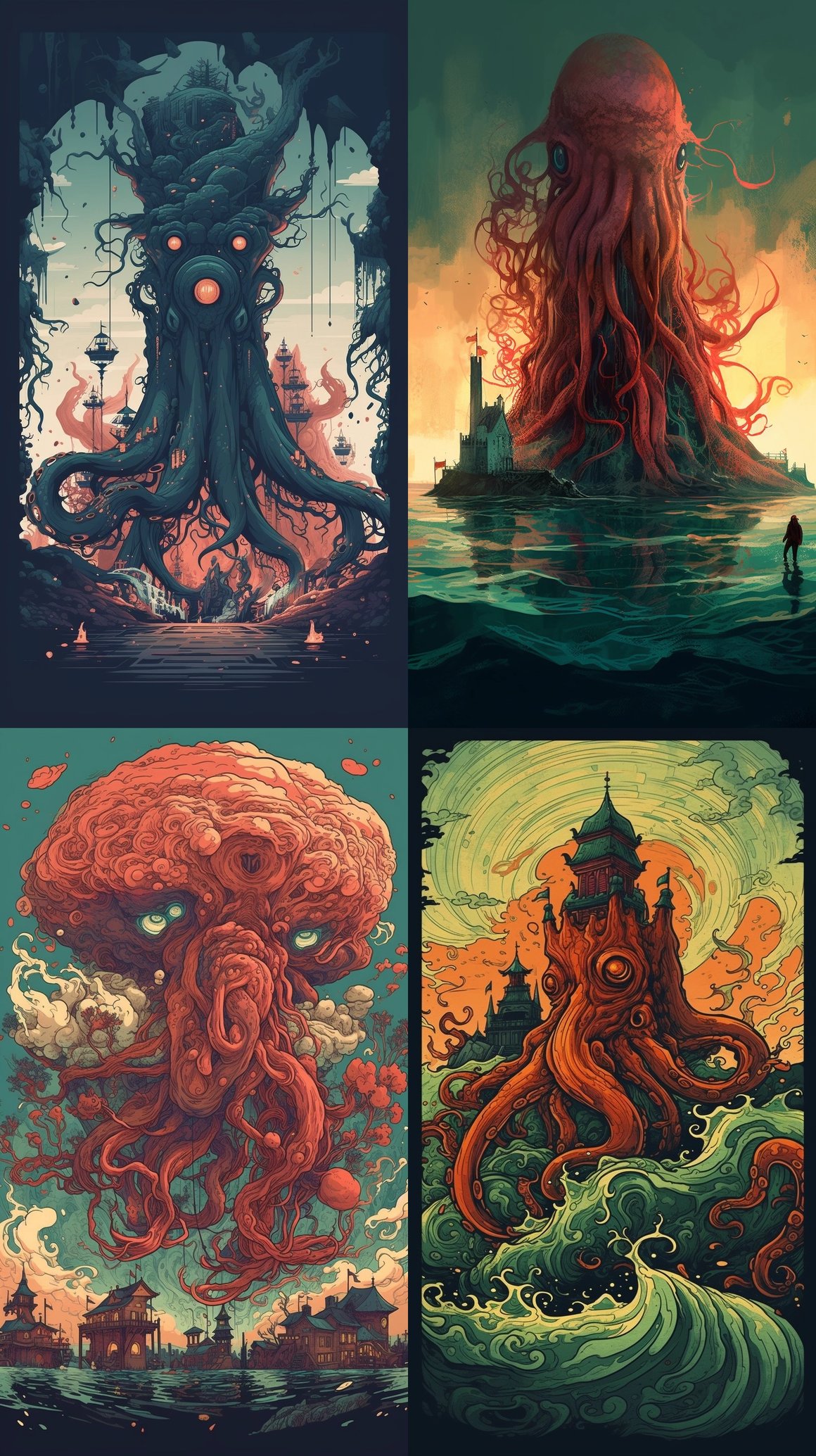A Surrealistic Giant Squid Journey in Vibrant Colors