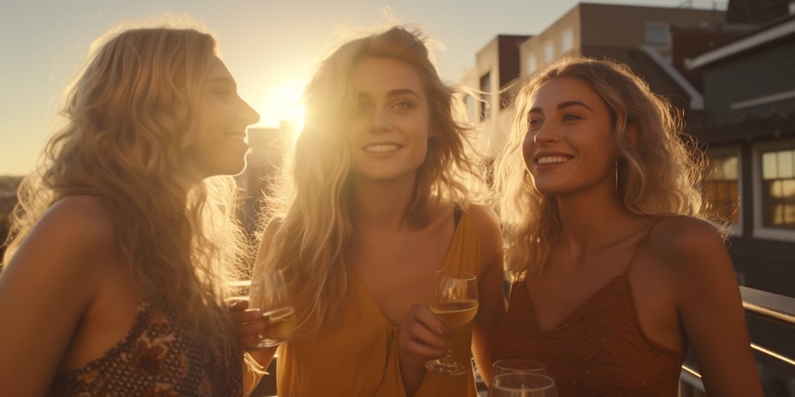 Cinematic Mid-Journey Screenshot from Mike White's 'Three Women Drinking Beer at an Urban Rooftop'