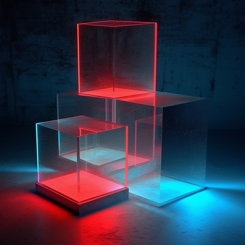 Neon Geometry: Balancing Cubes Mid-Journey in 3D Space