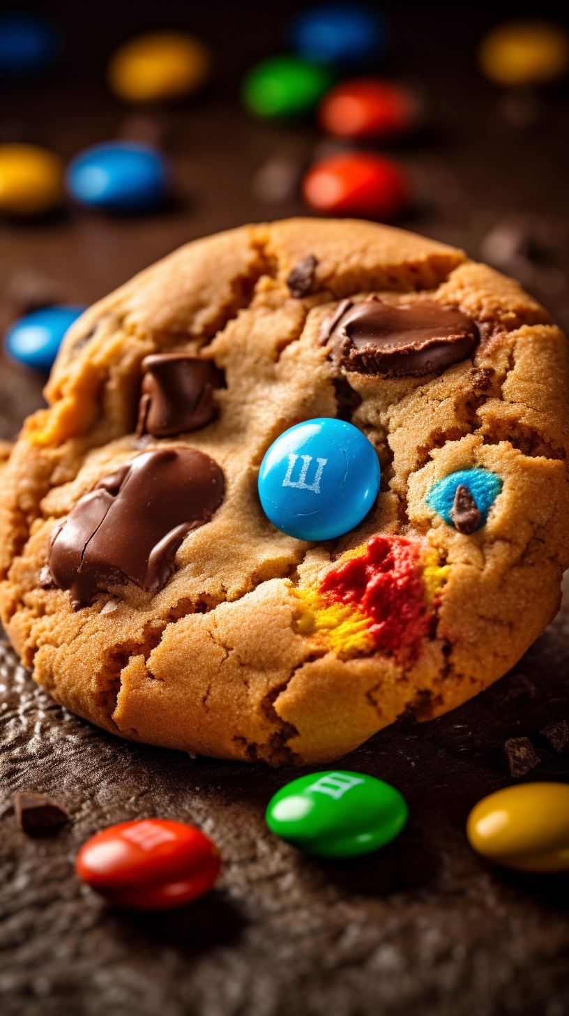 Chocolate M&M Chips Cookie in Soft Ambiance Captured with Fujifilm X-Pro3, Realistic and Vibrant 9:16 Image