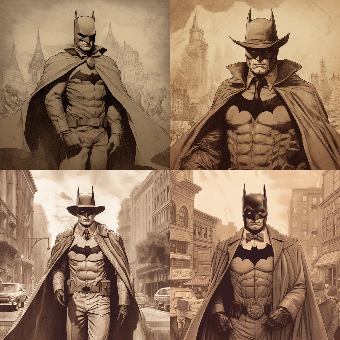 Retro Gotham: 1900s Sepia-Toned Batman Illustration
