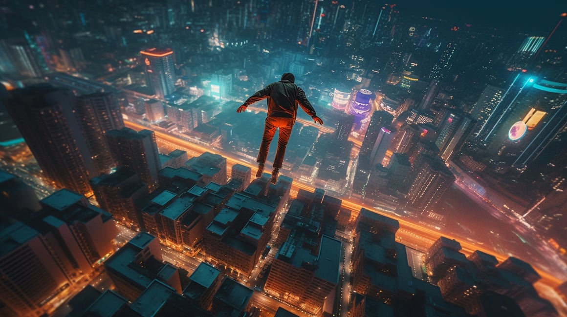 Neon Nights: A Mid-Air Odyssey Over the City