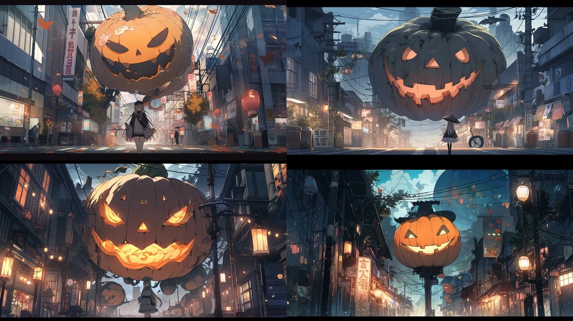 Hanging Pumpkin at Mid-Night Halloween Street Scene