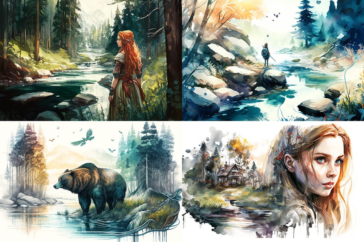 Summer Forest River - Watercolor Art Illustration