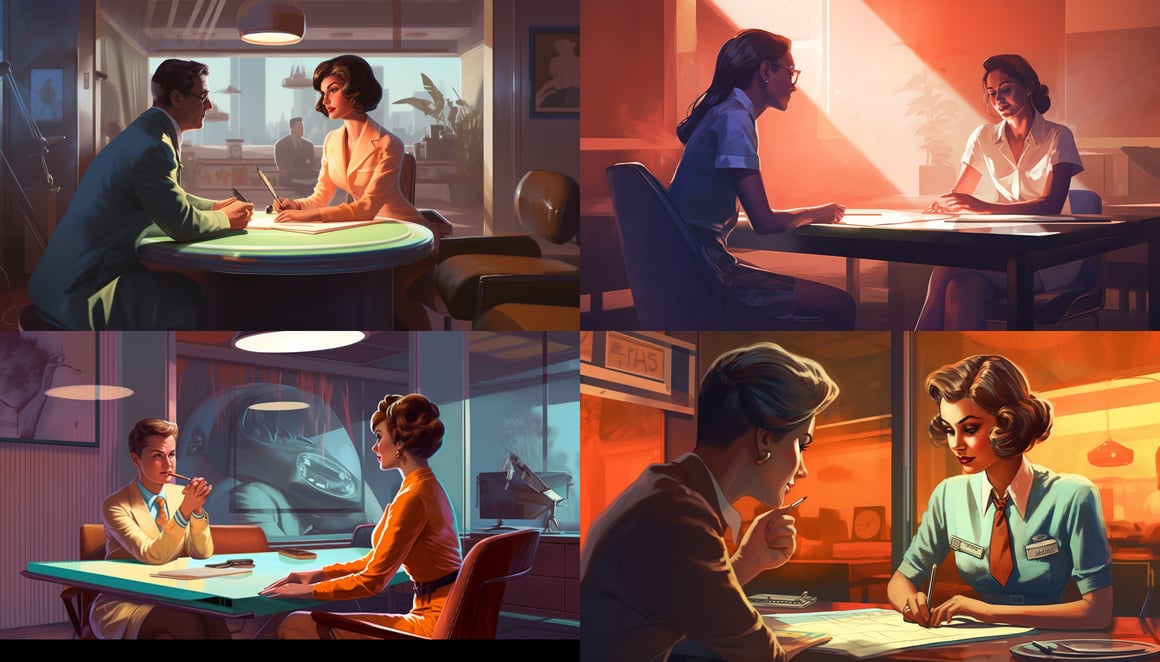 Retrofuturistic Female Insurance Agent Discussing Life Insurance Policy