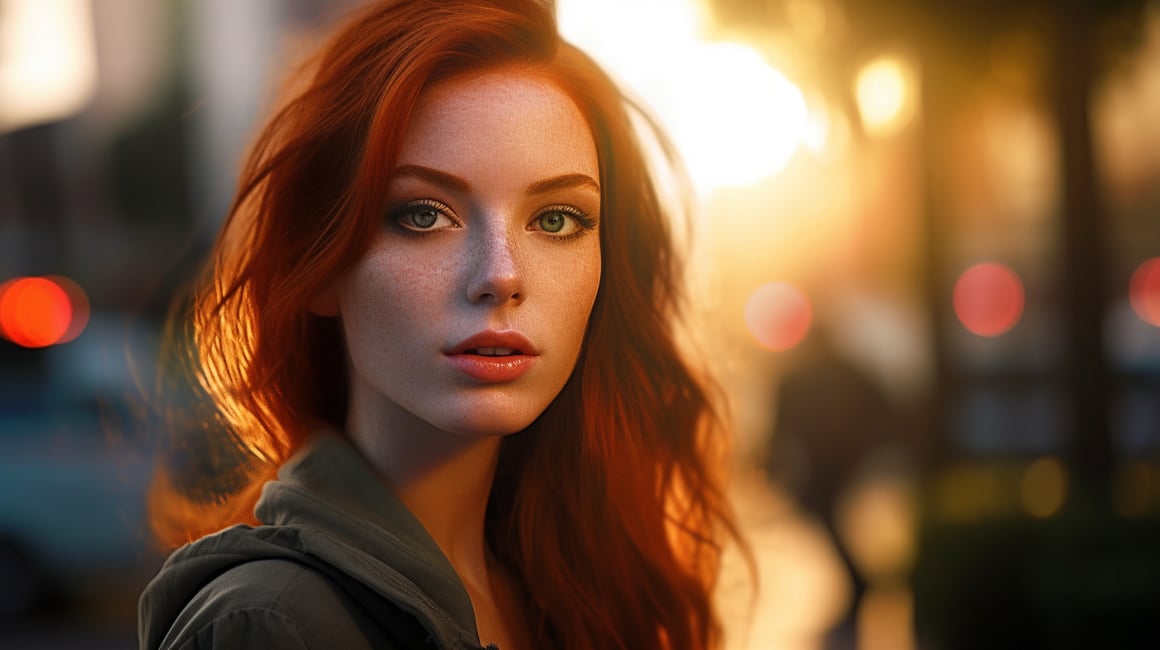 Detailed Cinematic Portrait of a Red-haired Woman in an Urban Environment