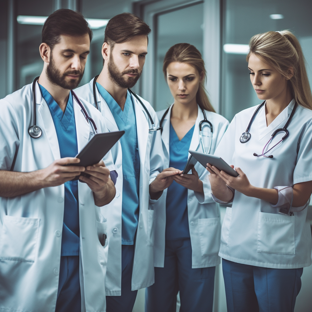 Healthcare Professionals Analyzing Medical Data on Tablet