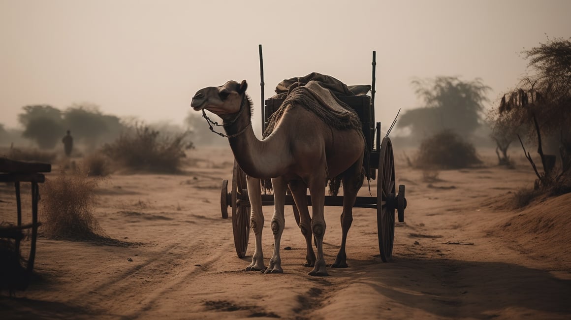 Cinematic Odyssey: Mid-journey Camel Caravan in Rajasthan