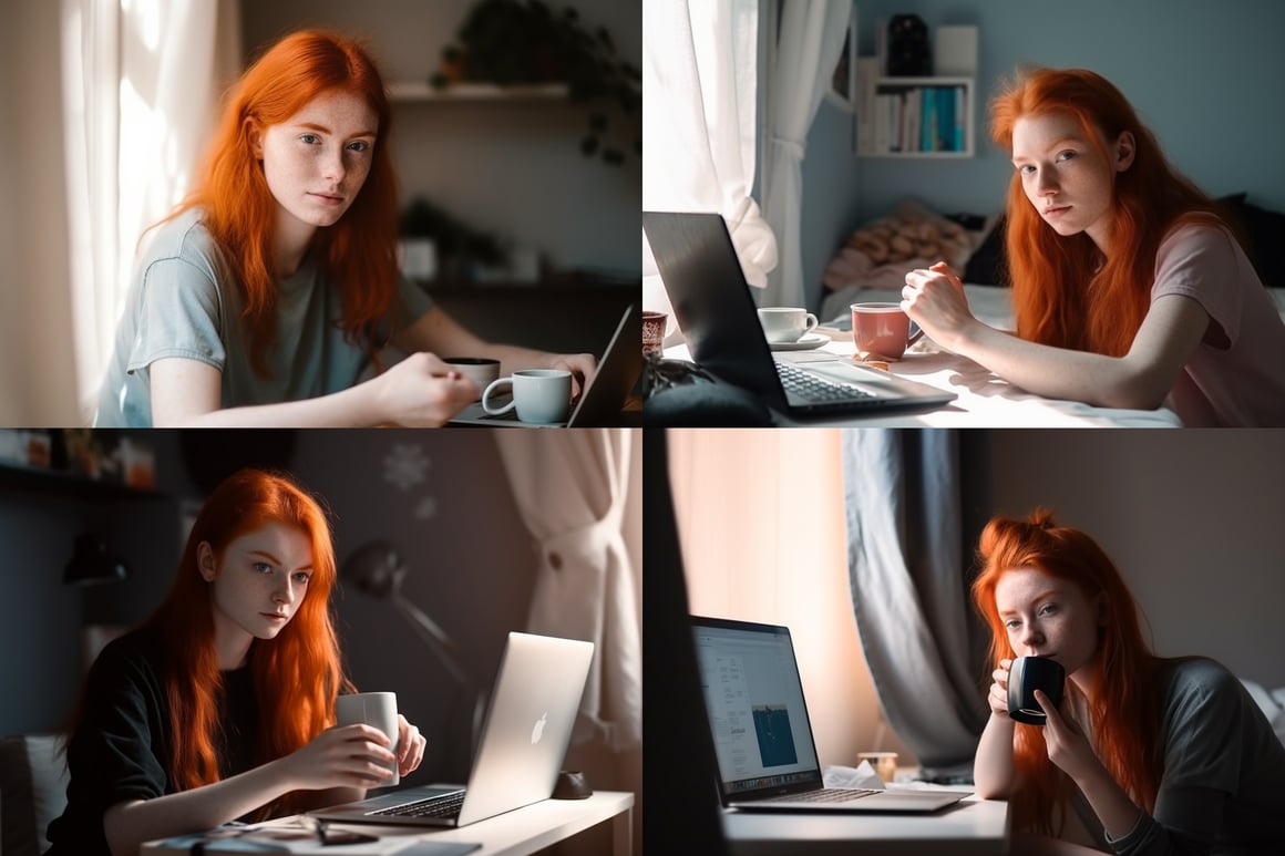 Sunlit Coding Session: Red-haired German IT Woman